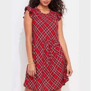 Vineyard Vines Tartan Plaid Ruffle Sleeve Tiered Holiday Red Green Dress Size 14